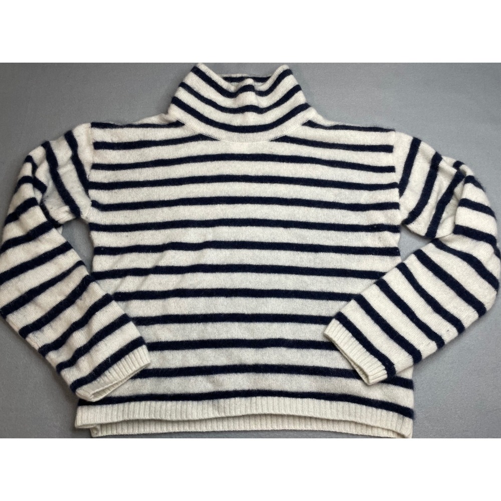 Halston Cashmere Sweater Womens Small Navy White‎ Striped Turtleneck 2-Ply Knit